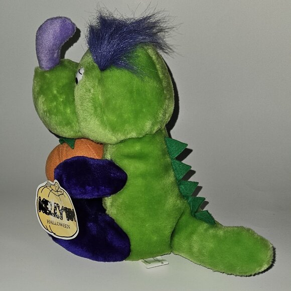 VTG Kellytoy Halloween Plush 9.5" Toy Dinosaur Pumpkin Green Purple Orange w/TAG - Picture 2 of 12